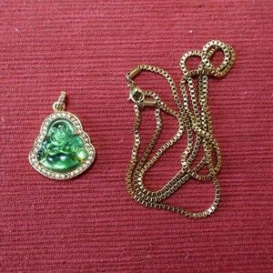 Designs by TSS Mens 14K Gold Plated Cz Green Jade Mini Buddha Pendant & Chain